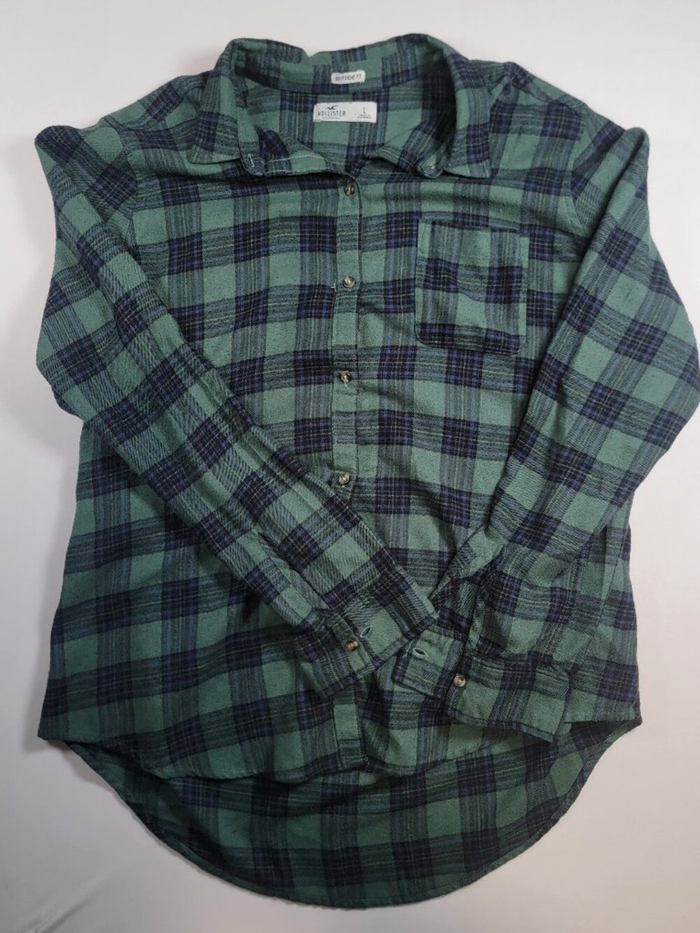 Hollister Boyfriend Fit Green Navy Plaid Flannel Shirt L